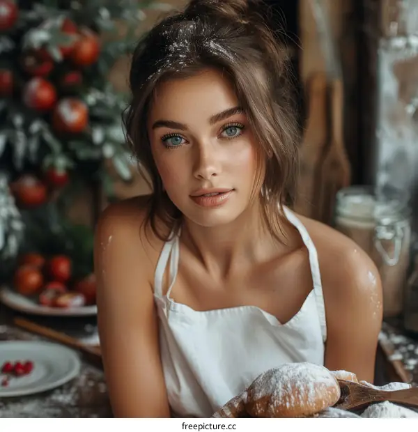 Portrait of a beautiful young woman covered in flour