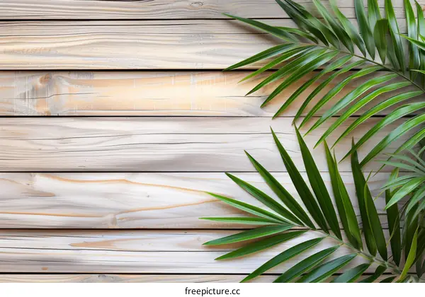 Green palm leaves on a wooden background