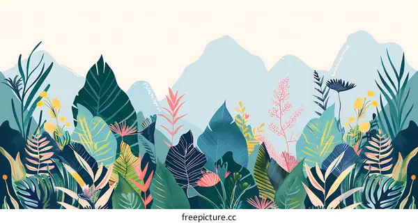 Tropical Jungle Illustration With Mountains