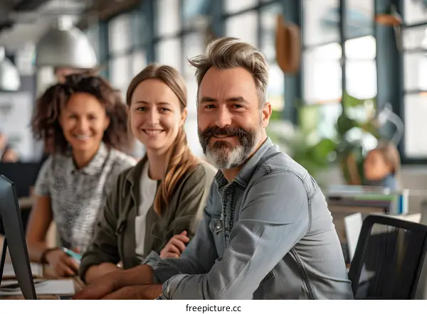 Smiling Business Team Sitting At Desk In Modern Office