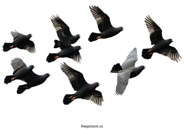 [Transparent Background PNG]A Flock of Pigeons in Flight Against a White Background