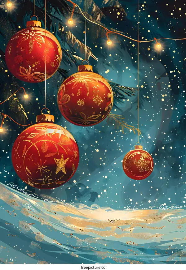 Red Christmas balls hanging on a snow-covered tree