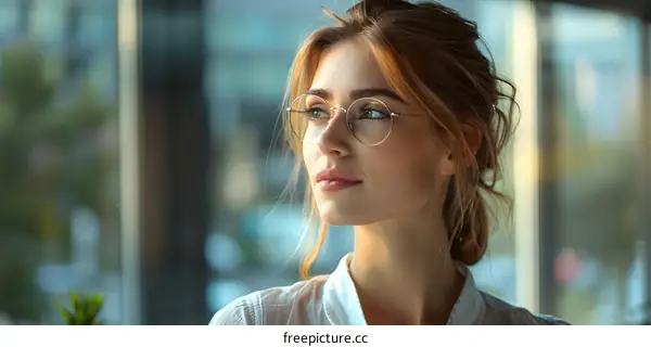 portrait of a beautiful young woman wearing glasses looking away