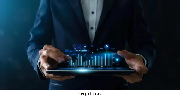 Businessman analyzing company financial data using augmented reality interface