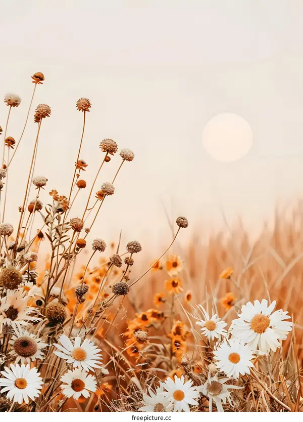 White Daisies in a Field of Tall Grass with a Hazy Sun