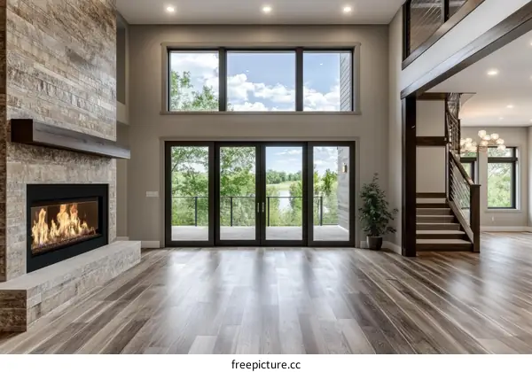 Modern Contemporary Living Room with Fireplace and Large Windows