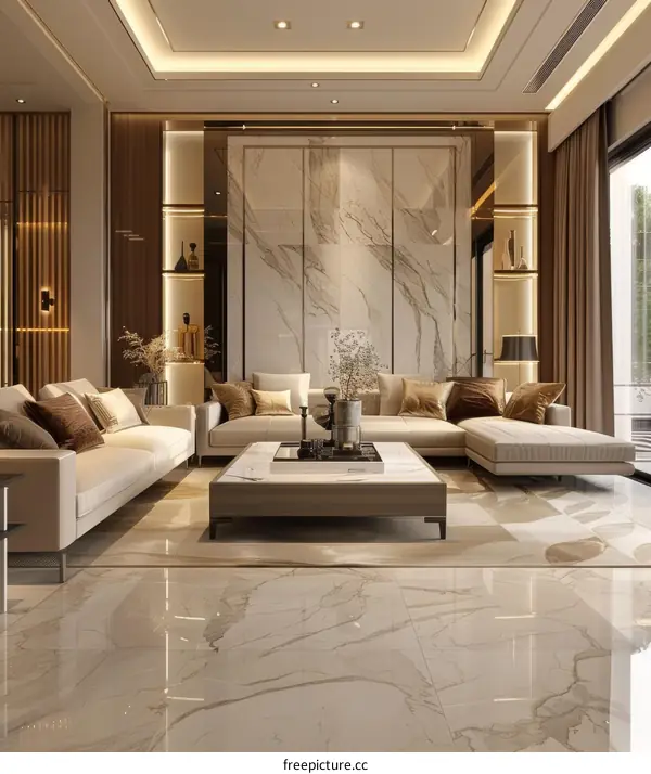Modern and Minimalist Living Room with Marble Floor and Wooden Wall