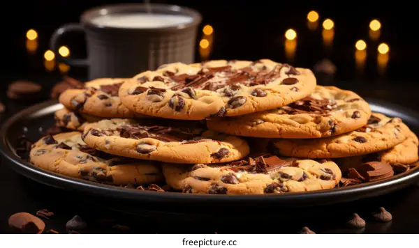 A stack of chocolate chip cookies with a cup of milk in the background