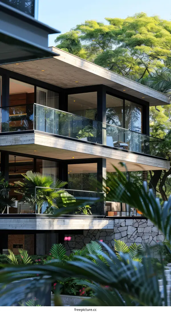 Luxurious Modern House with Large Glass Windows and Verdant Landscape