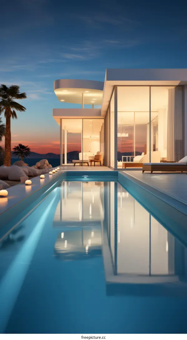 Modern minimalist villa with pool at sunset