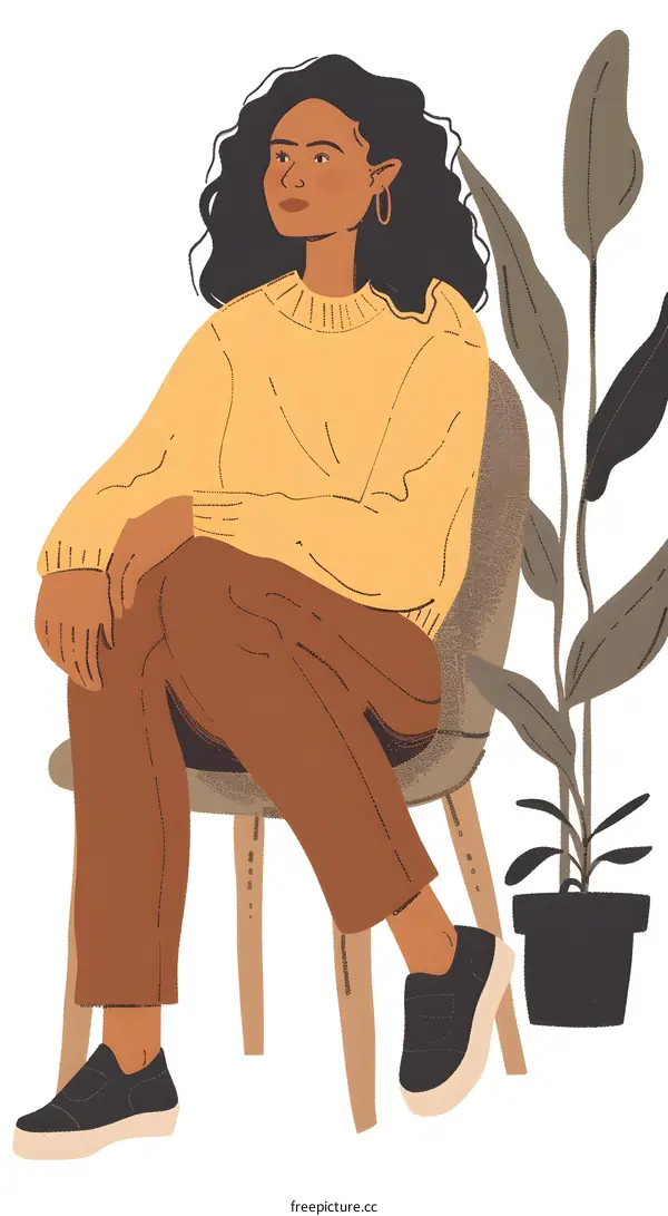 Woman Sitting in a Chair with Plant Illustration