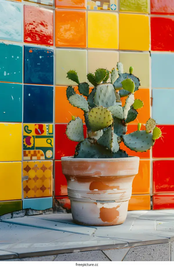Cactus Plant in Terracotta Pot Against Colorful Tiles
