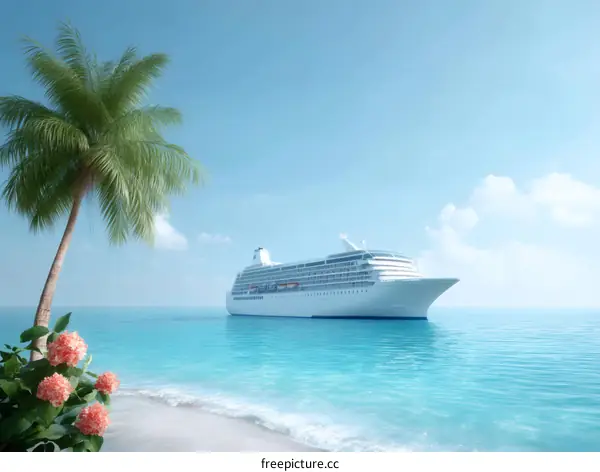 Tropical Beach Cruise Ship Scenery Illustration
