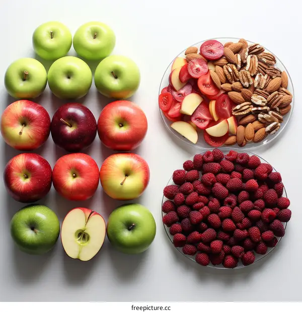 A variety of fruits and nuts are arranged in a visually appealing way