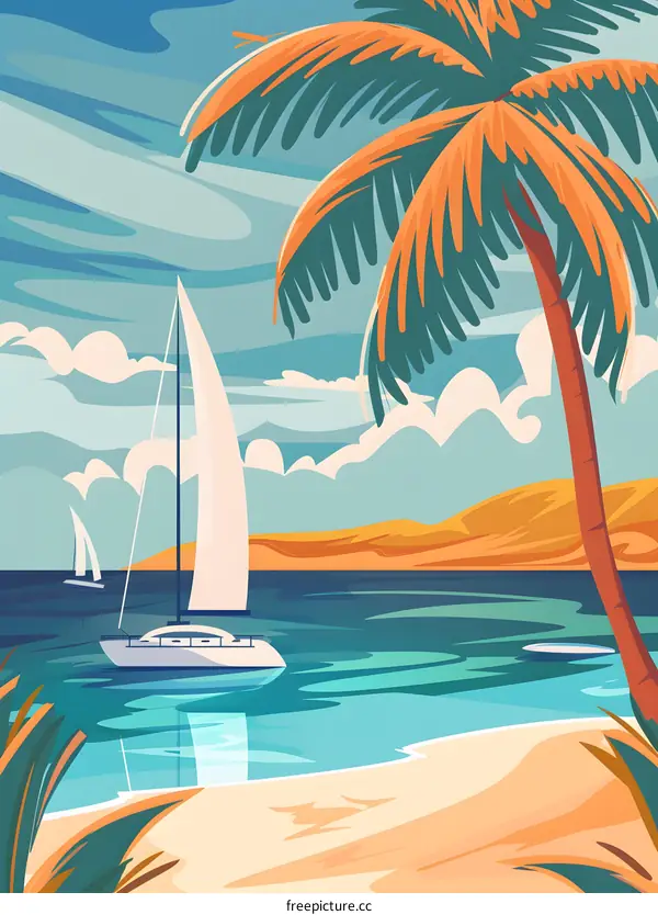 Summer Vacation Tropical Beach With Palm Trees And Sailboat