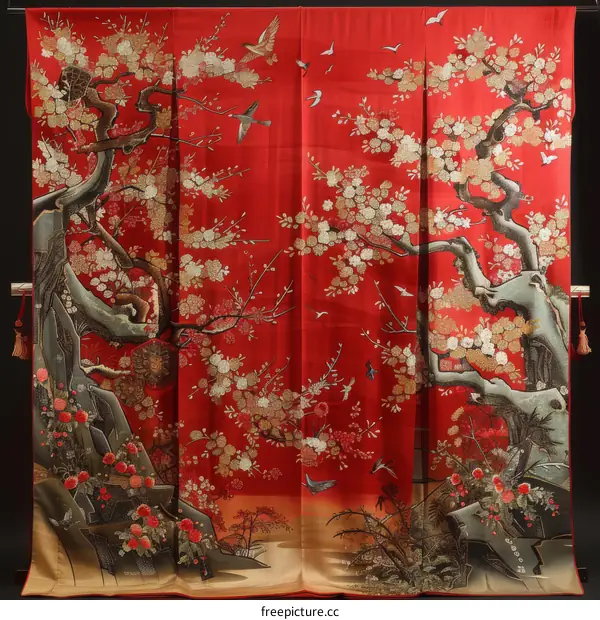 A red and gold Japanese textile with a pattern of cherry blossoms and birds