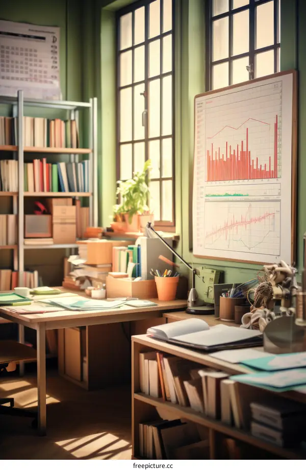 A home office with a large desk, a computer, and a bookshelf.