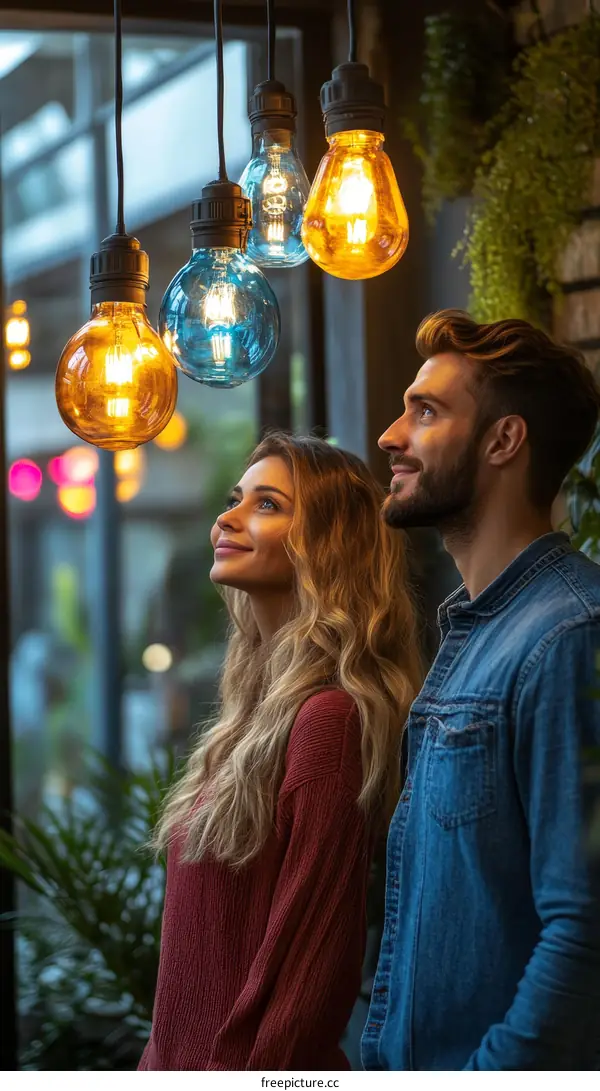 Couple Looking Up at Colorful Hanging Lamps