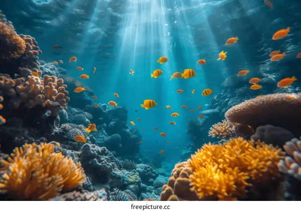 Underwater world with coral reef and exotic fishes