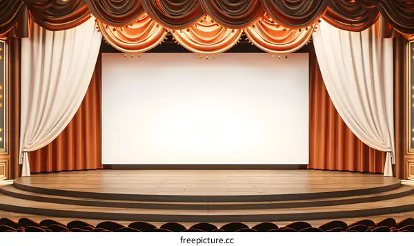 Stage with White Screen and Orange Curtains