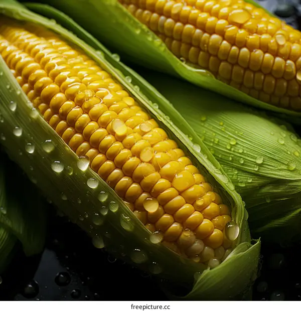 Close-up of fresh corns with green husks