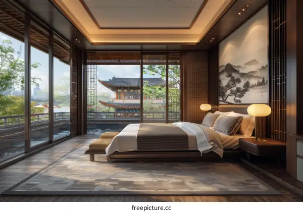 Peaceful Garden-View Bedroom with Oriental Design