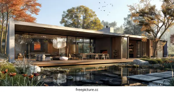 Modern House Exterior With Large Glass Windows and Pond