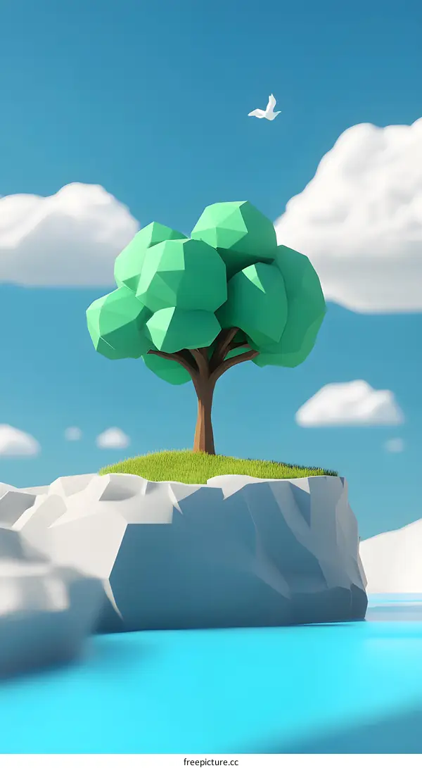 Low Poly Tree on a Small Island with Blue Sky