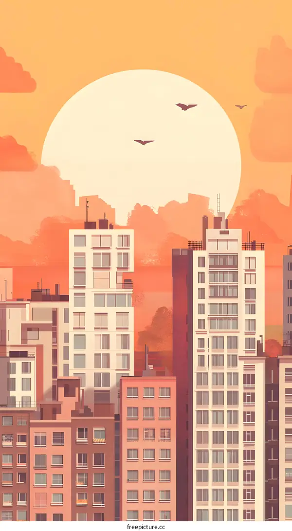 Sunrise Over City Buildings Illustration