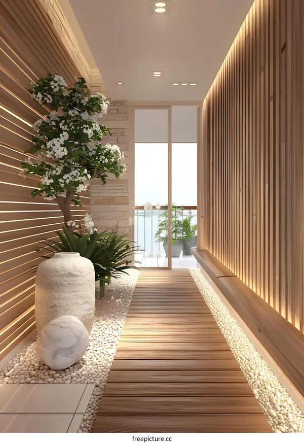 Indoor wooden walkway with white pebbles and decorative plants