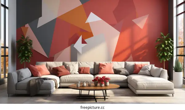 Modern geometric abstract art painting on living room wall