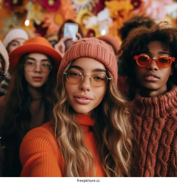 A group of young people of various ethnicities are posing for a photo. They are all wearing orange and have similar facial expressions.