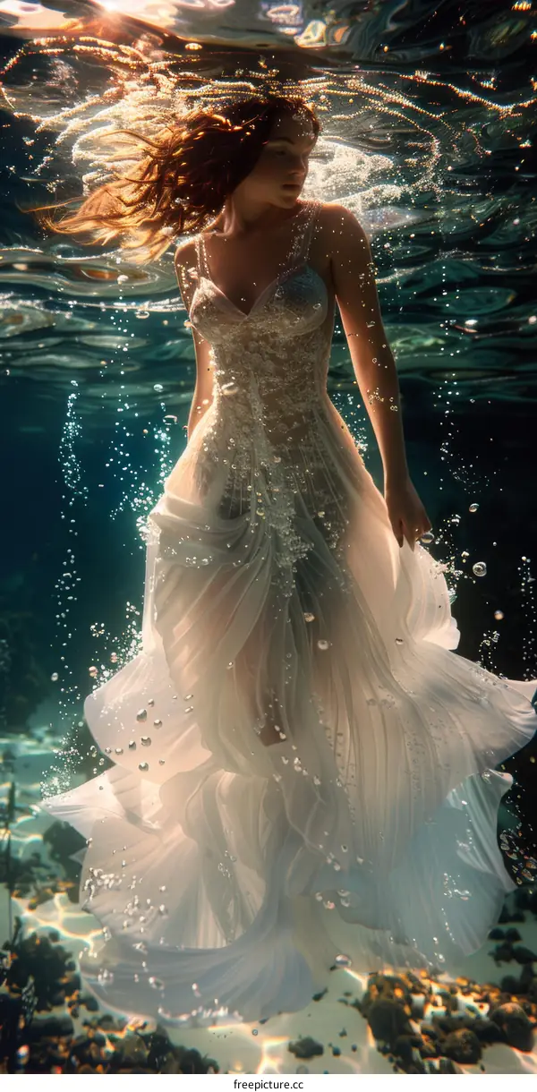 An ethereal underwater photoshoot of a woman wearing a white dress