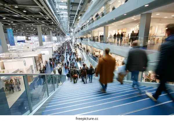 Crowded Exhibition Hall Interior with Many People