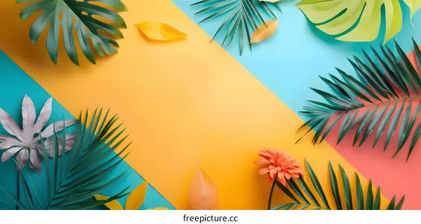 Tropical Leaves on Colorful Background Flat Lay