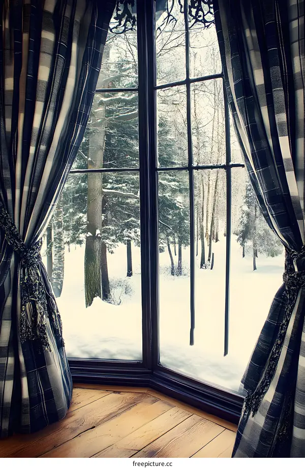 Window View of Snowy Forest in Winter