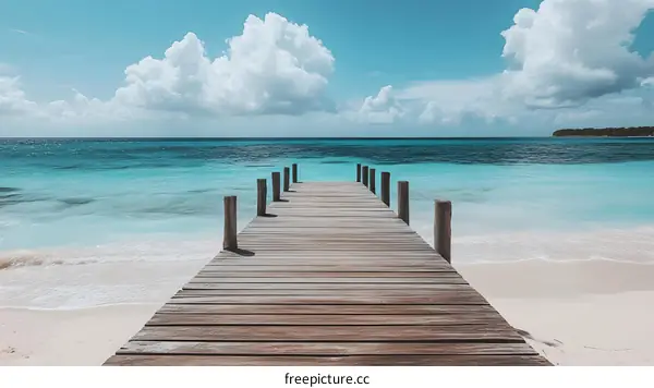 Wooden Dock Leading to Turquoise Water with White Sand Beach