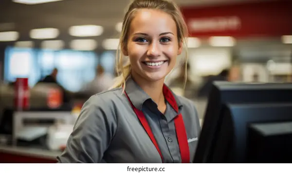 portrait of a young woman in a grey shirt smiling at the camera