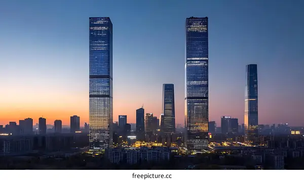 Sunrise over Modern Skyscrapers in a Cityscape