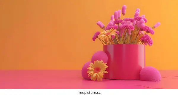 Pink and Orange Flowers in a Pink Vase on a Orange and Pink Background
