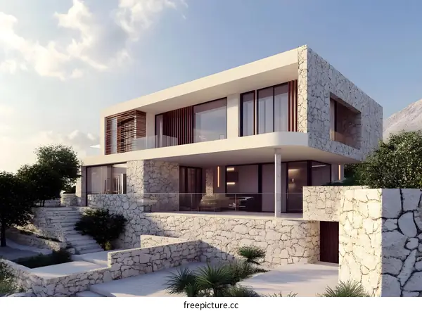 Modern Villa with Stone Facade and Large Windows