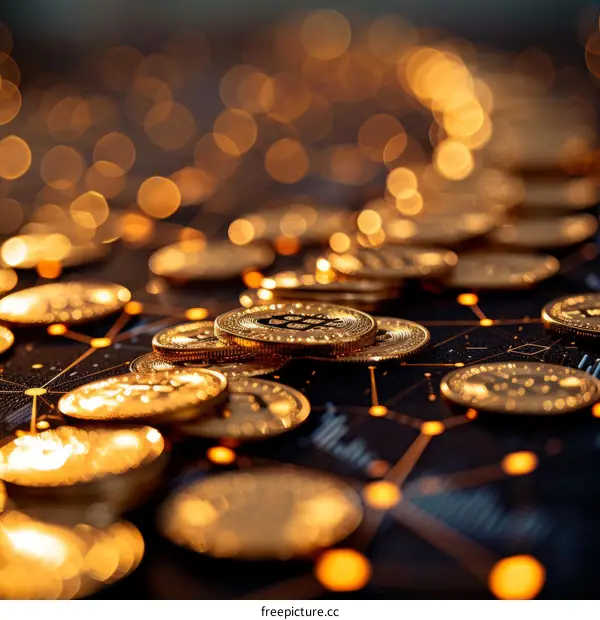 A pile of gold Bitcoin cryptocurrency coins with a glowing background.