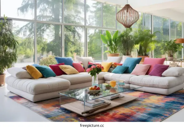 Modern living room interior with large windows and colorful furniture
