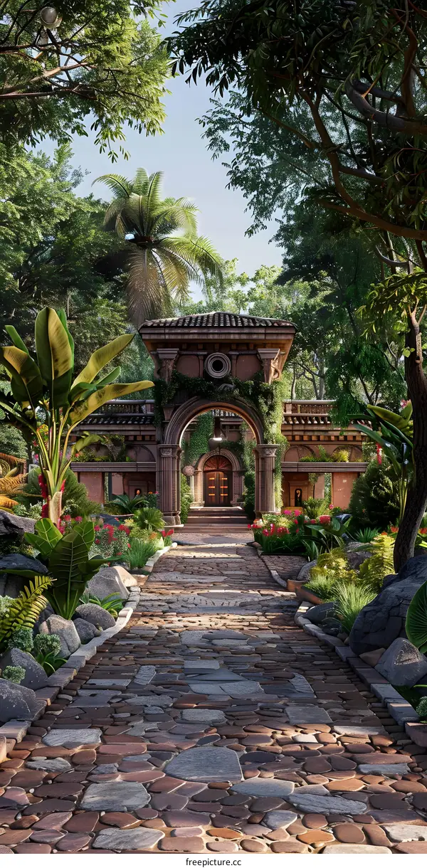 Stone Pathway Leading to an Ancient Archway in a Lush Tropical Garden