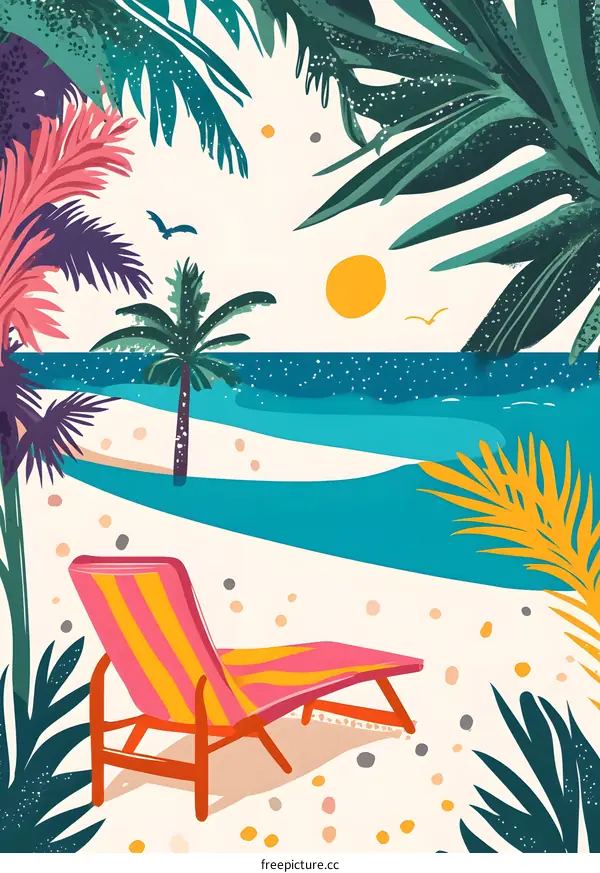 Summer Beach Illustration with Palm Trees and Lounge Chair