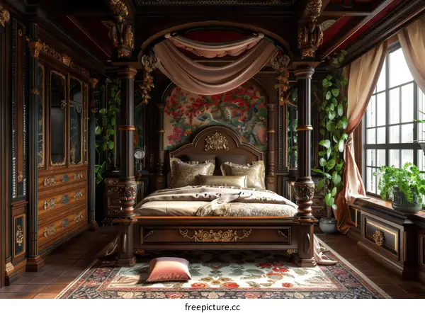 Ornate Dark Wood Bedroom with Canopy Bed