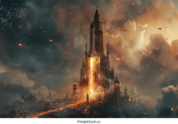 A steampunk rocket launch from a gothic cathedral