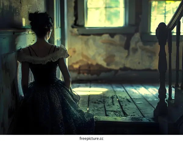 girl in a long black dress sitting on the stairs