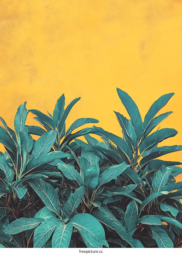 Green Tropical Leaves Against a Yellow Wall