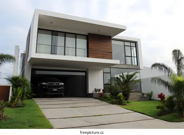 Modern Architecture Design Home with Garage and Palm Trees